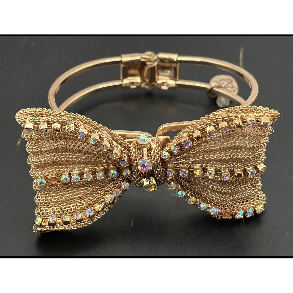 Betsey Johnson Gold Tone Mesh Bow Bangle Bracelet AB Rhinestone Heart Charm